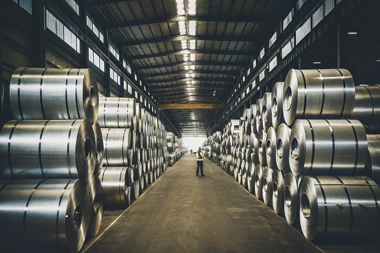 Warehouse full of electrolytic tinplate coils ready for shipment