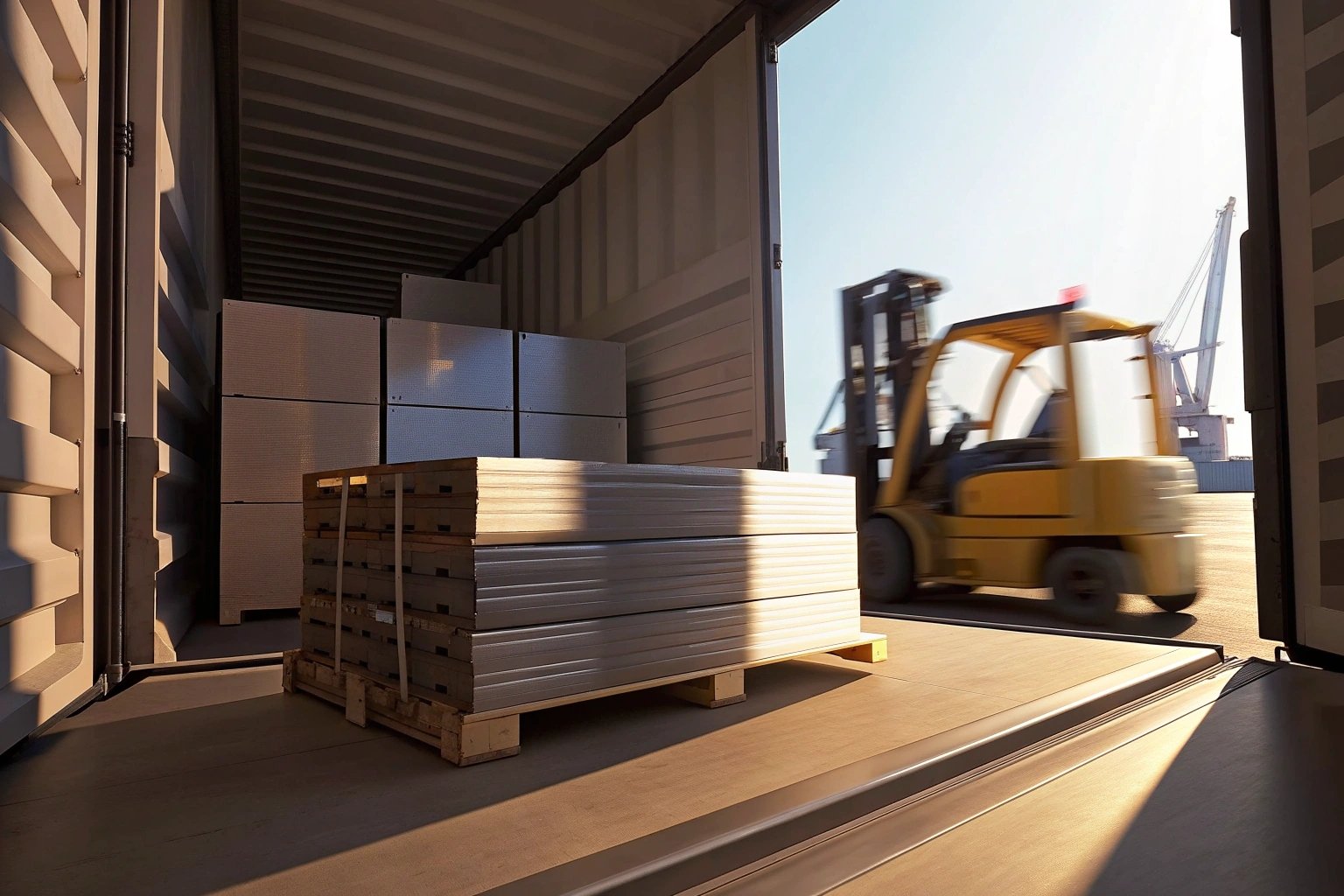 Worker loading mixed tinplate sizes into a shipping container