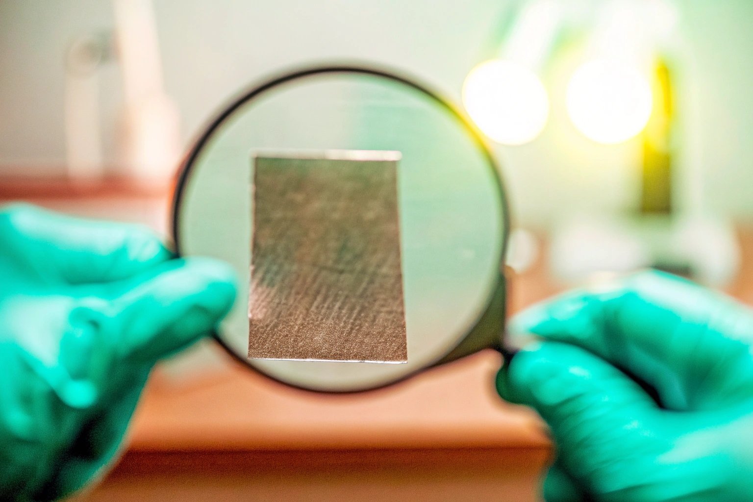 Technician performing quality test on a sample tinplate coil