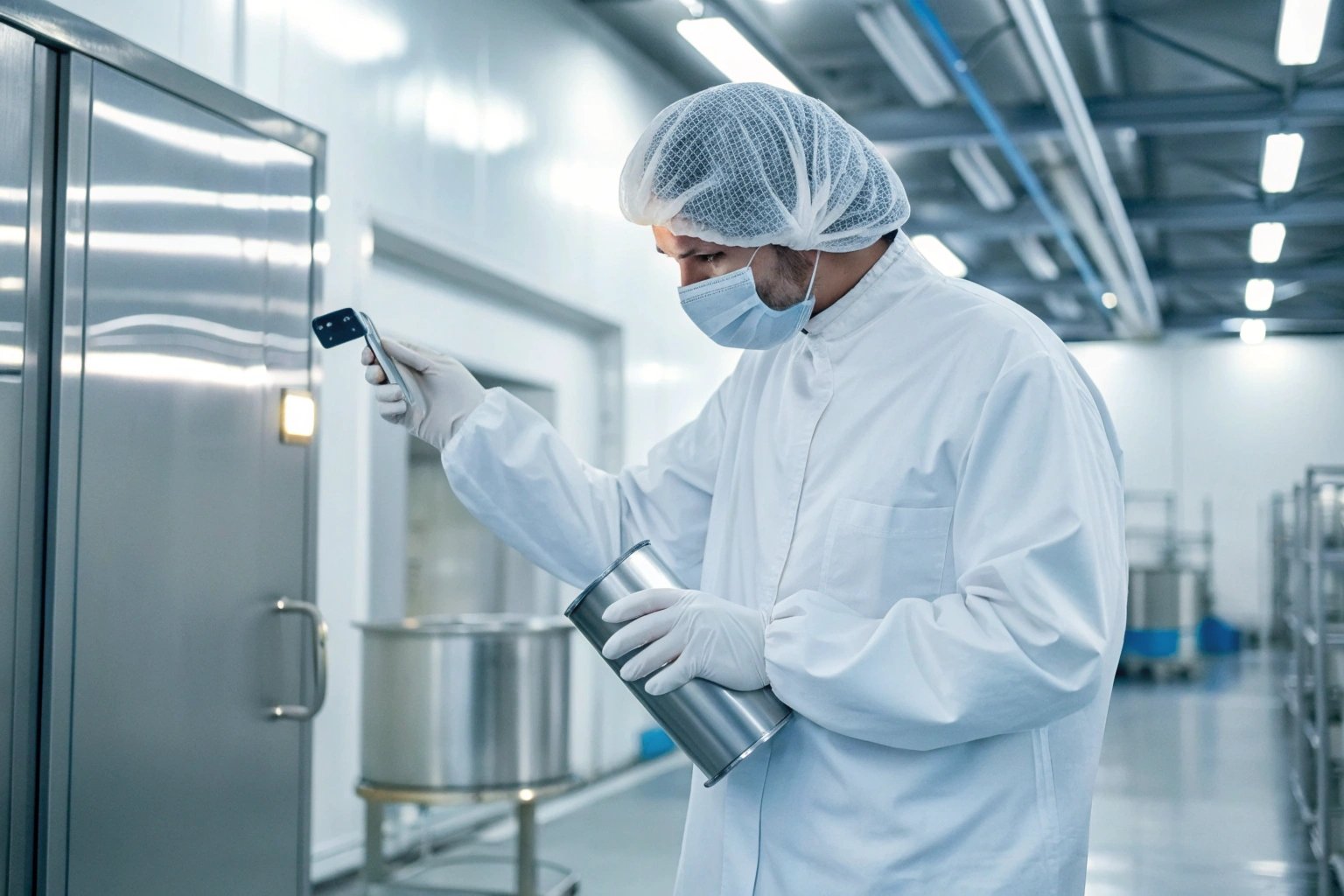 Food safety inspector checking tinplate quality