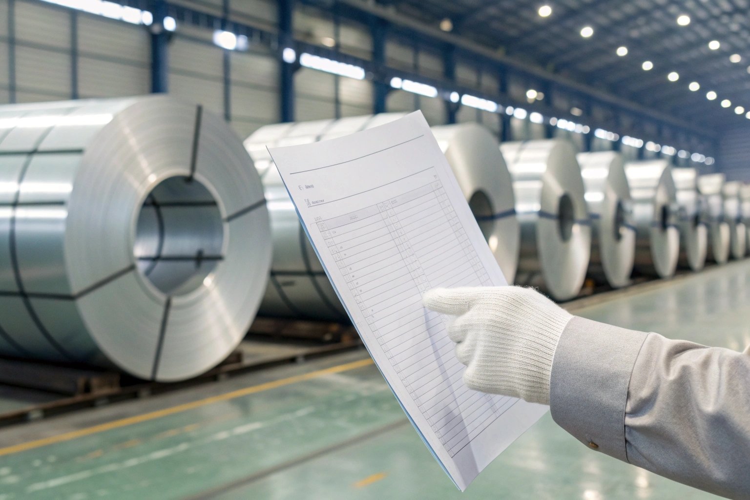 Technician measuring steel thickness