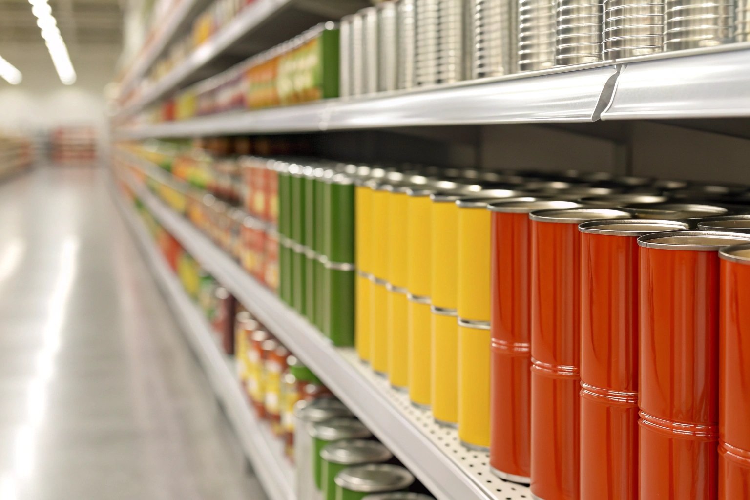 Bright finish tinplate cans on a supermarket shelf
