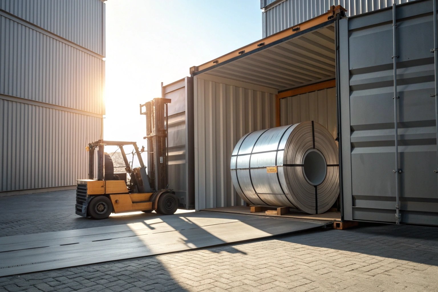 Forklift loading tin plate coil into container