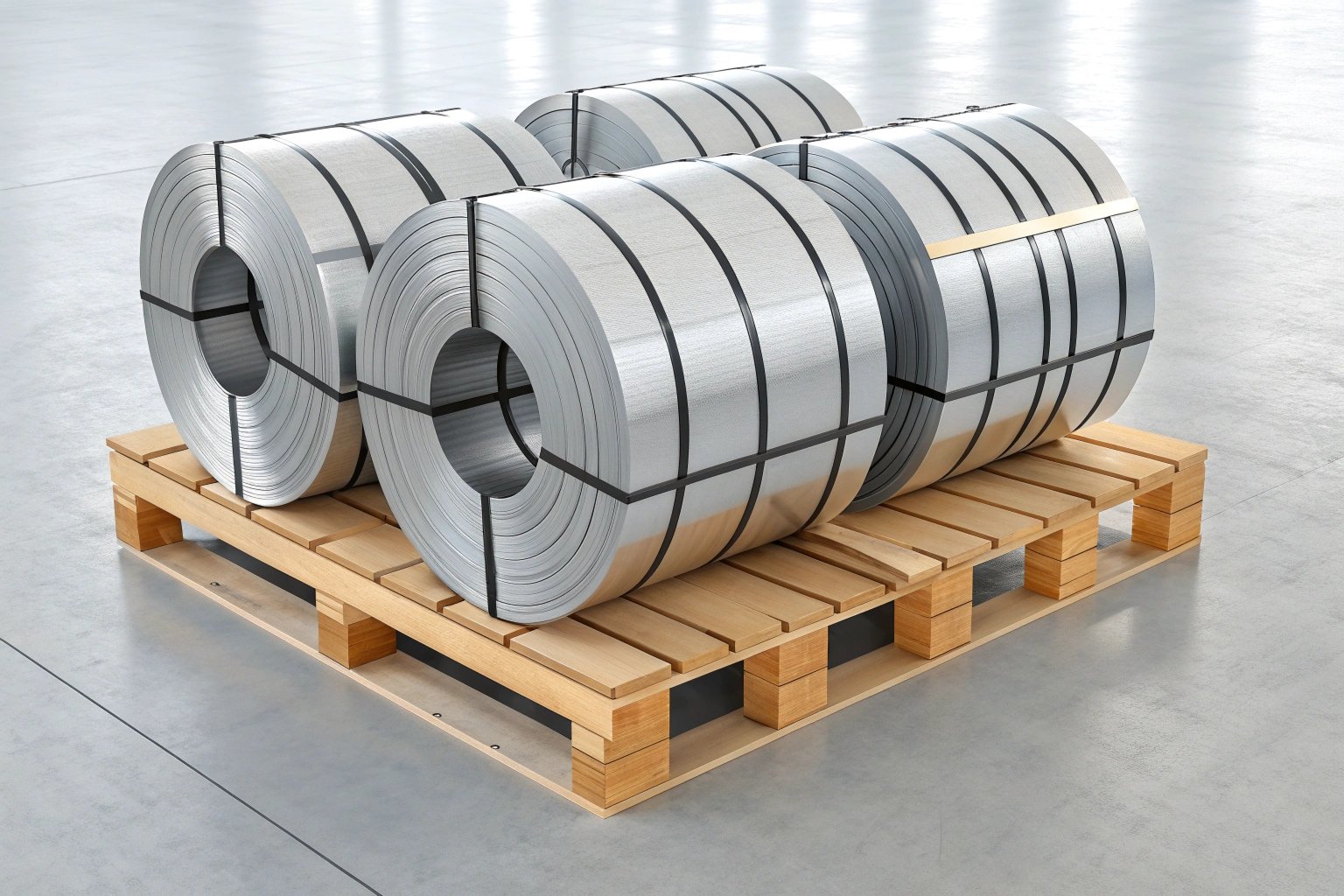 Multiple baby coils packaged on a wooden pallet