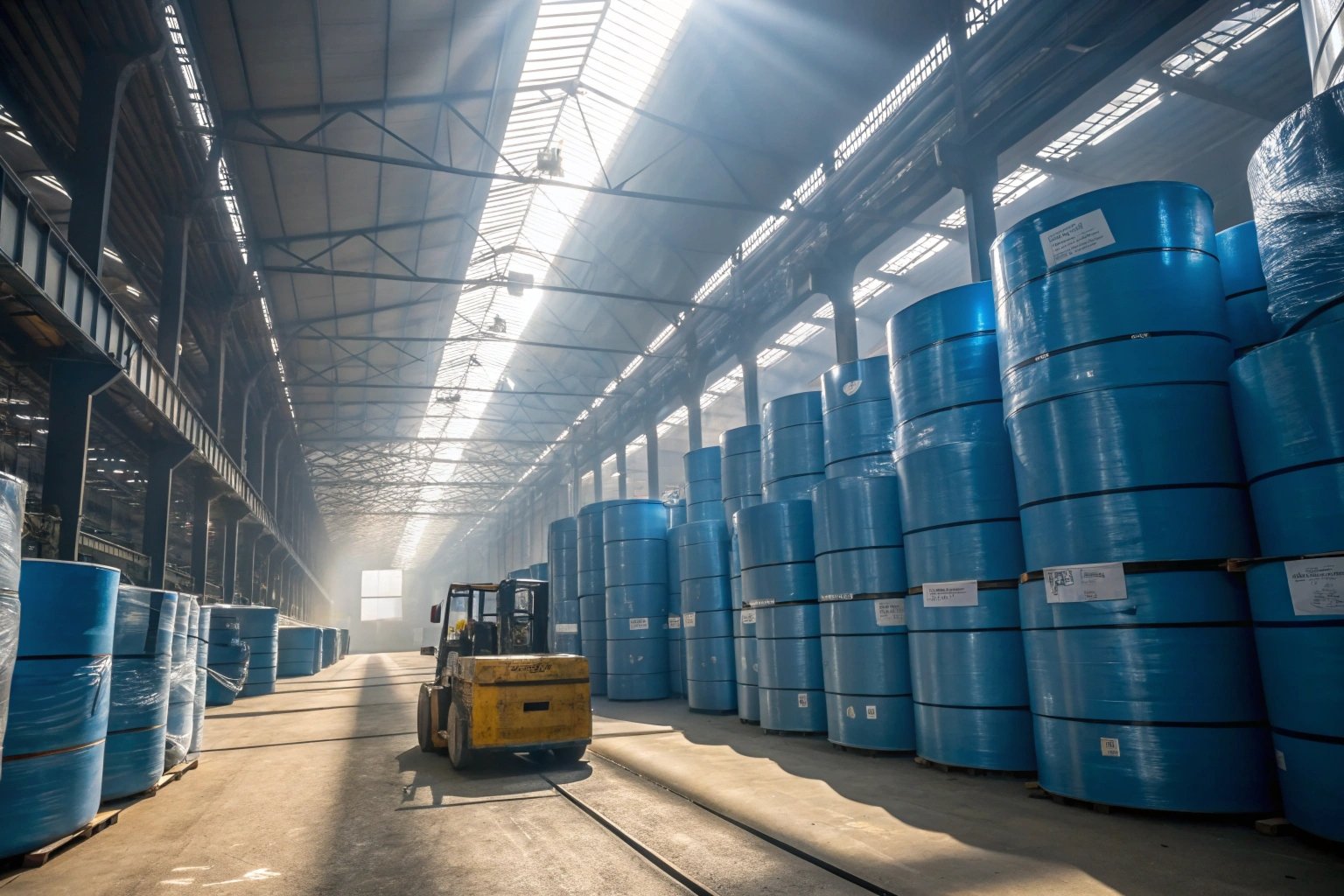Rolls of blue protective film in a factory warehouse