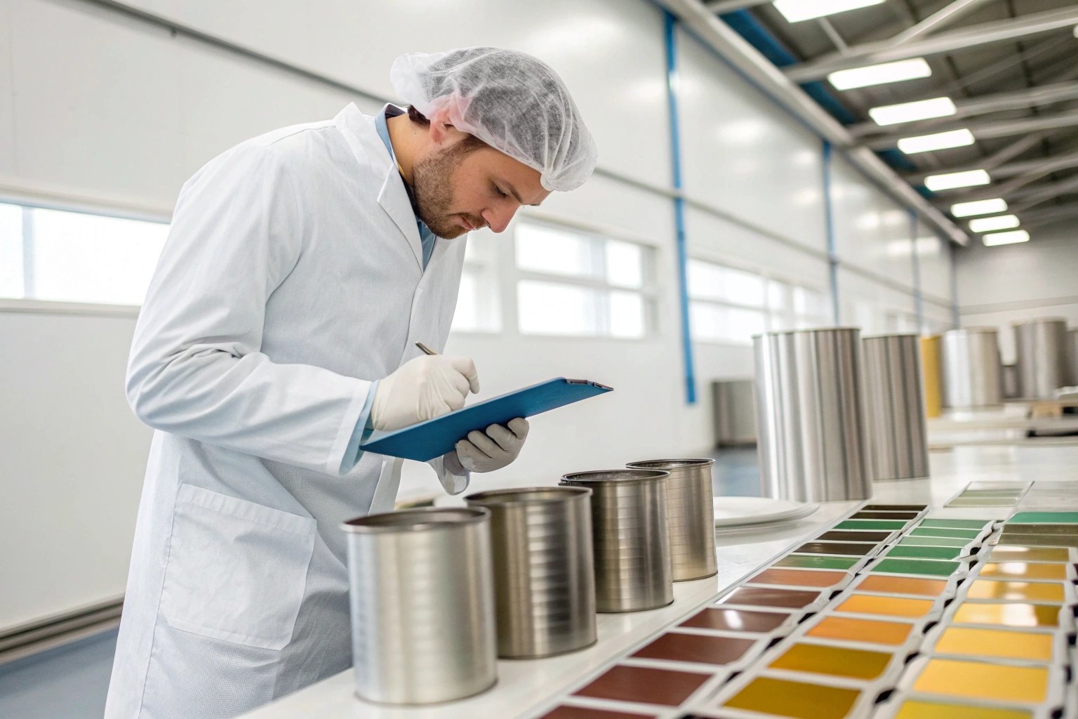 Worker using a hardness tester on a sheet of tinplate