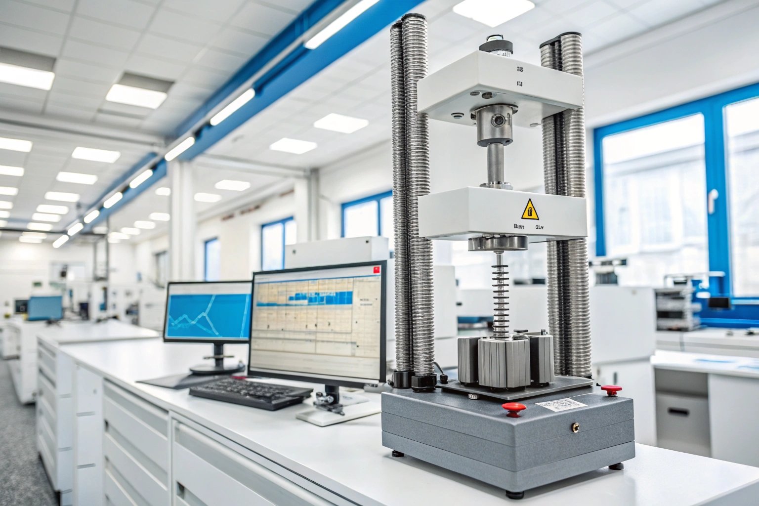 Tensile testing machine stretching a metal sample
