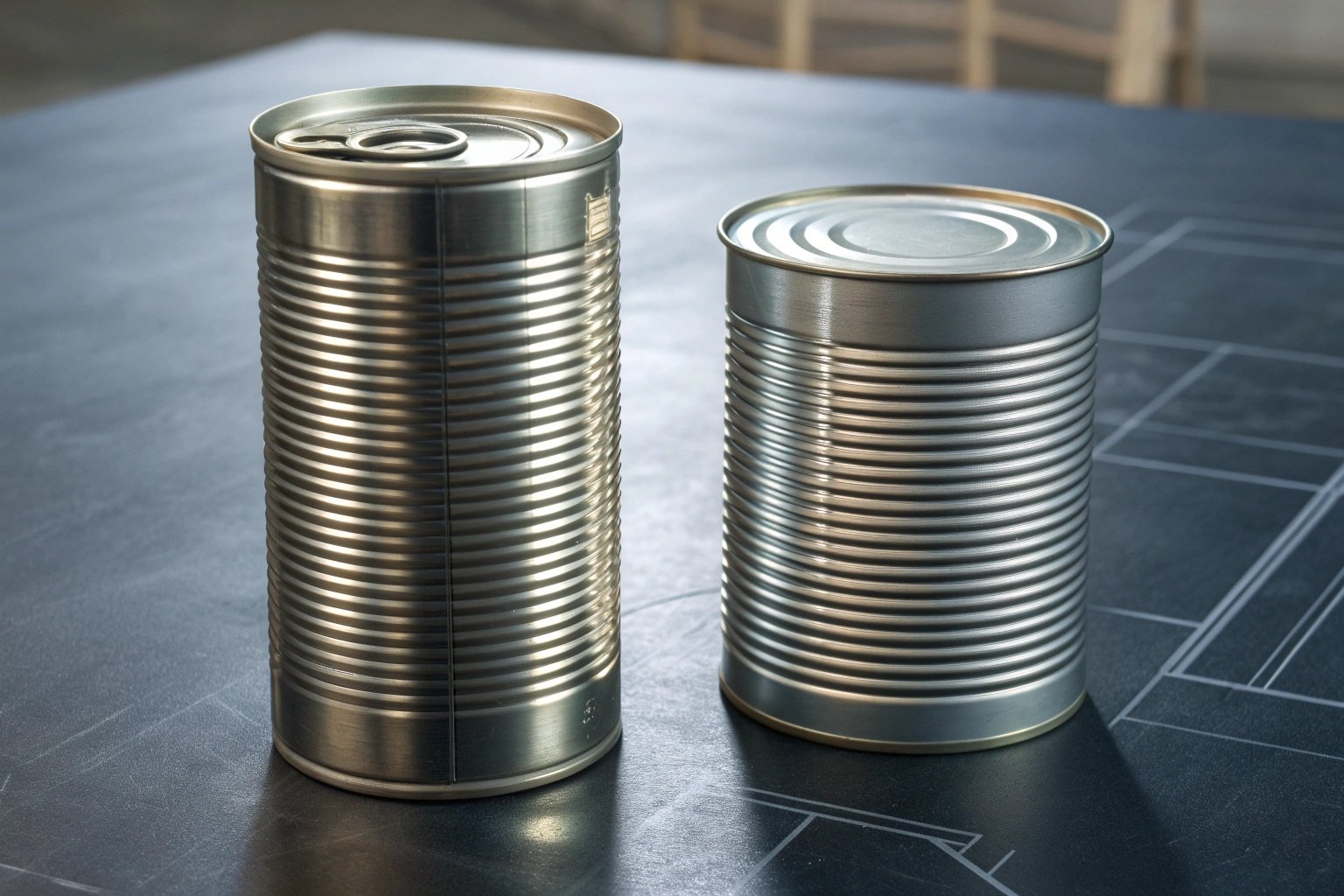 Close up of metal cans with earing defects