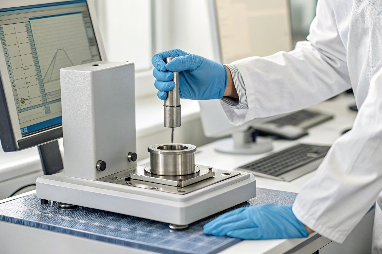 Laboratory technician testing tin coating thickness at Huajiang