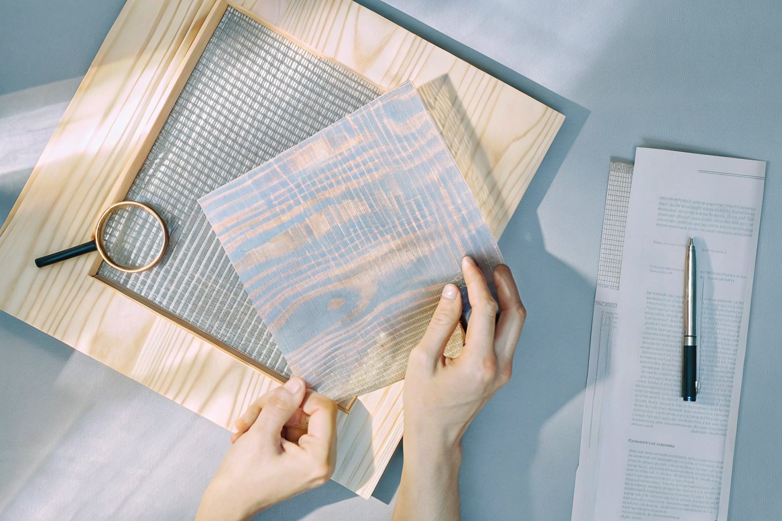 Technician examining a metal proof sheet