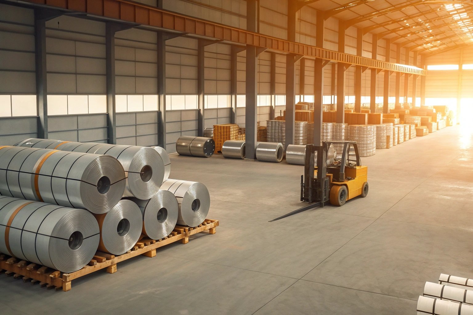 Worker calculating costs with steel coils in background