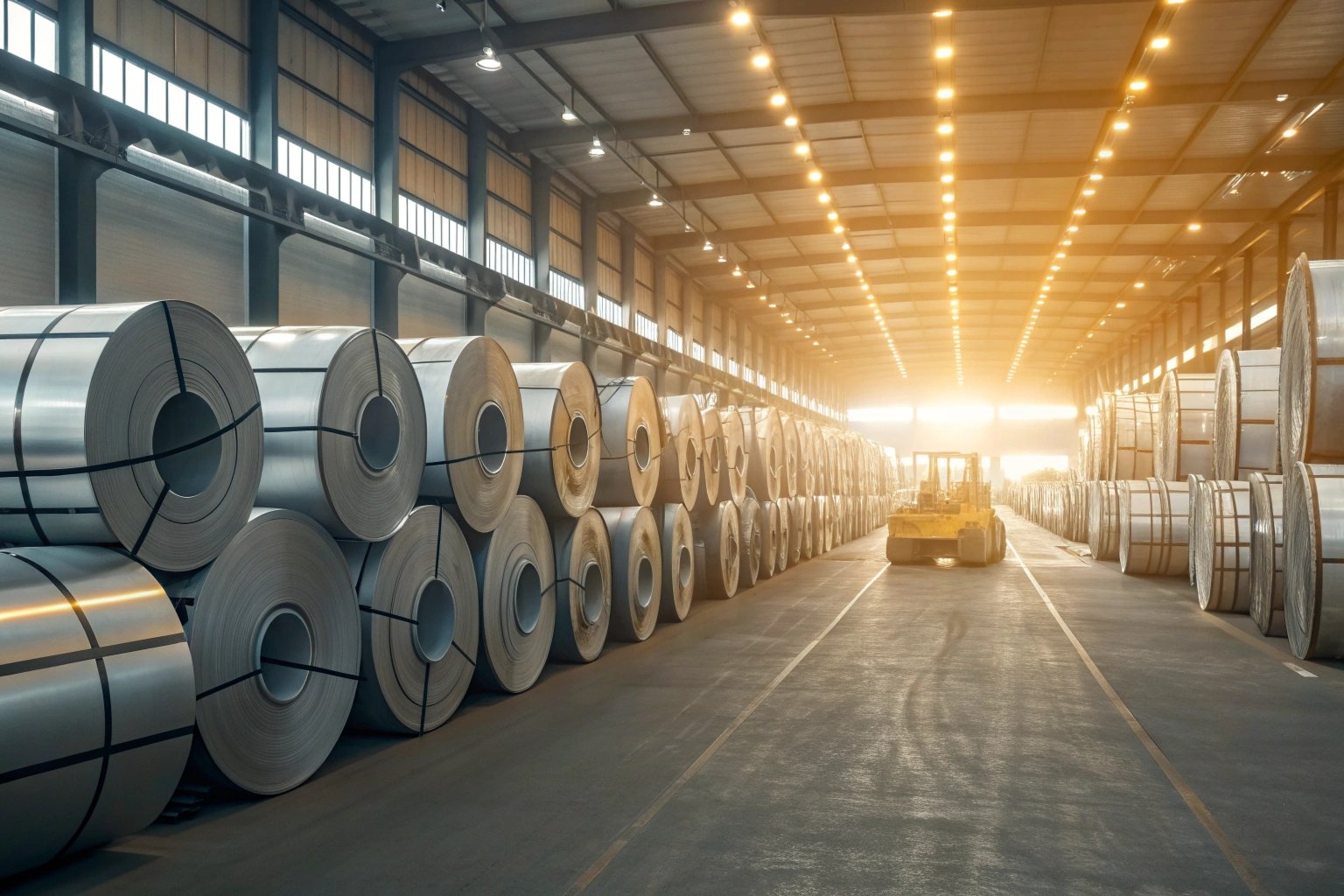 Stacks of tinplate coils with different finishes in a warehouse