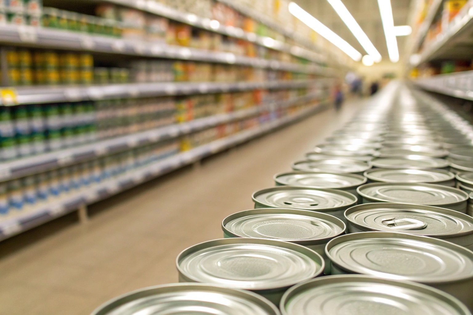 Vacuum packed food cans on a supermarket shelf