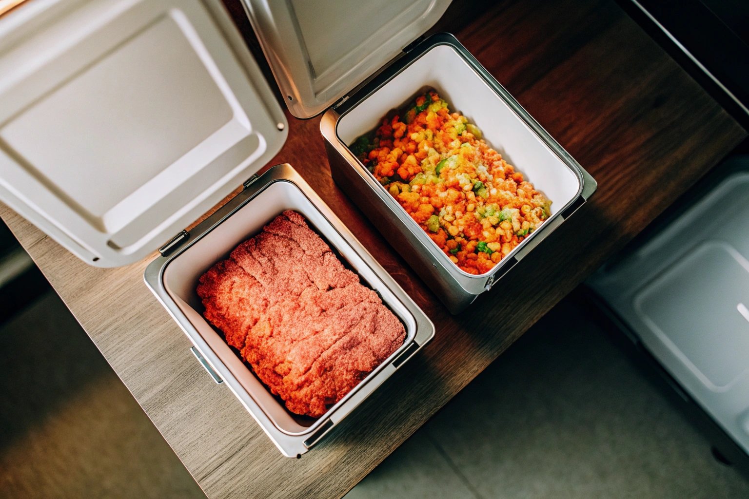 Premium Canned Food Presentation: Meat vs. Vegetables