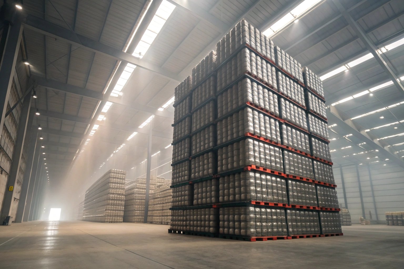 Stacked pallets of cans in a warehouse demonstrating axial load